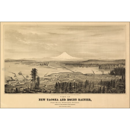 24"x36" Gallery Poster, birdseye view map Tacoma and Mount Rainier, Puget Sound, Washington Territory 1878