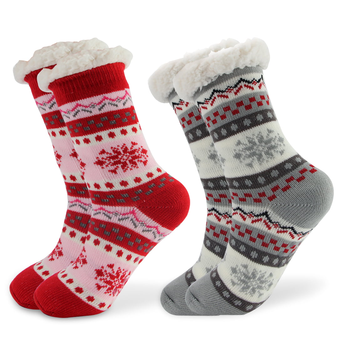 EZGO - 2 Pairs Thick Winter Slipper Socks Snowflake Fleece Lining Knit ...
