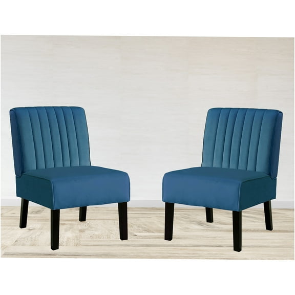 JERFIT Mid Century Modern Accent Chairs Set of 2, Velvet Upholstered Lounge Chairs with Solid Wood Legs, Channel Tufted Back, Comfortable Seating for Living Room, Bedroom, Blue