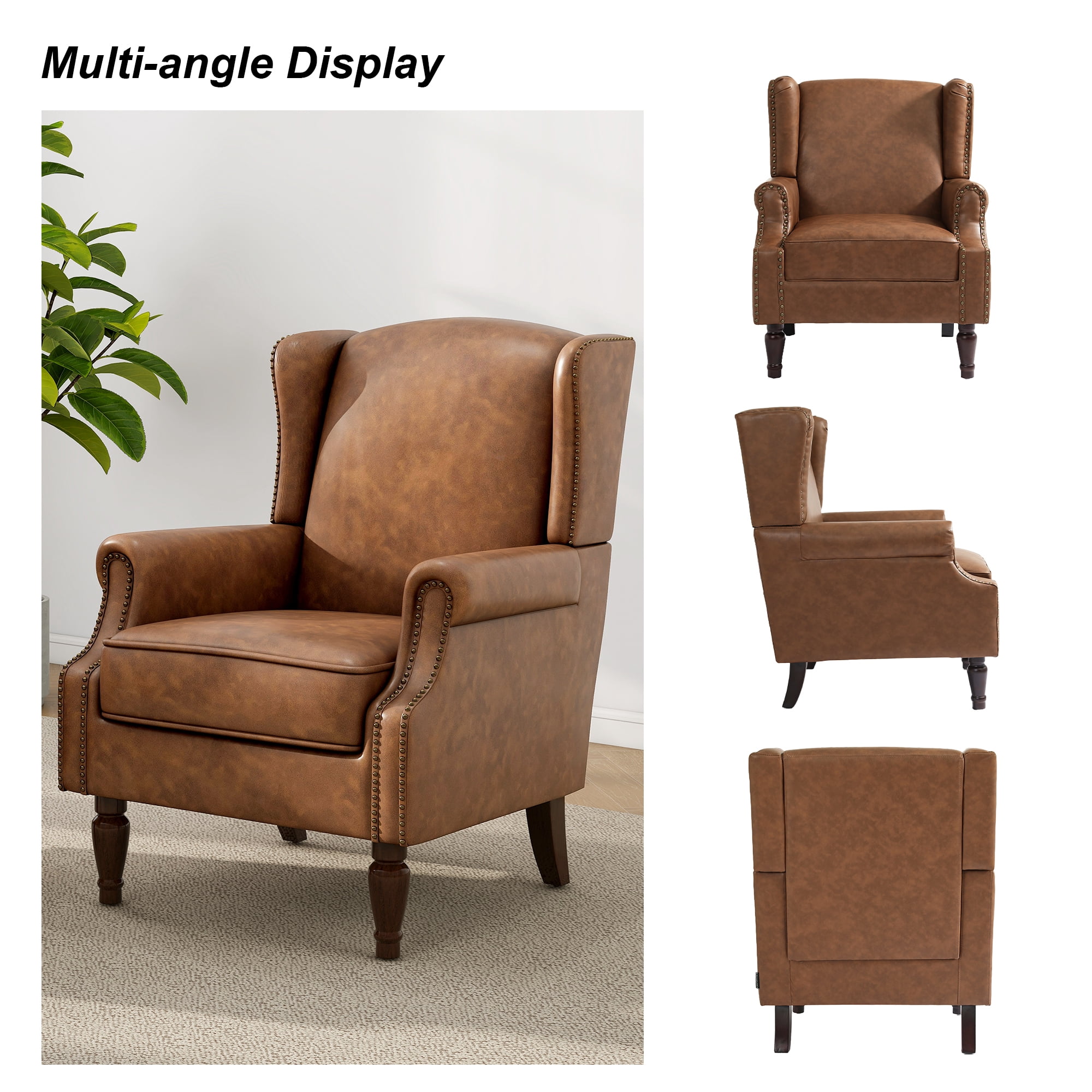 DREAMSIDEA Faux Leather Wingback Accent Chair with Nailhead Trim & Retro Wood Legs,High Back Wing Chair for Living Room-Brown