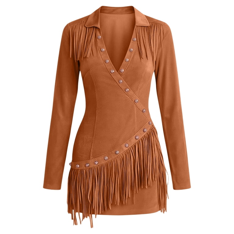 western short dresses for party WRFWUL Women's Western Cowgirl Faux Suede Mini Dress Long Sleeve Fringe V  Neck Wrap Style Boho Party Clubwear Short Dresses