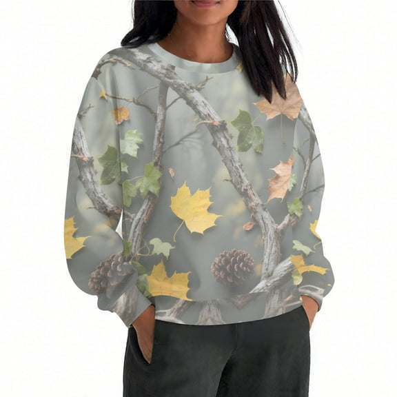 Uootdi Oversized Long sleeve Sweatshirt for Women Camo Leaf Maple Leaf Gift Pattern Winter Hoodies with Oversized Long sleeve Sw eatshirt for