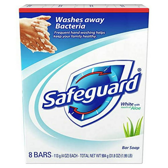 Safeguard Antibacterial Soap, White with Aloe, 4 oz bars, 8 ct