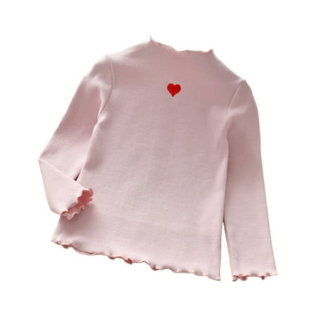 

Long Sleeve Shirts for Boys 3-4 Years Kids Toddler Baby Girls Spring Heart Print Cotton Ruffle Long Sleeve Knitted T Shirt Pullover Tops Clothes Pink-1