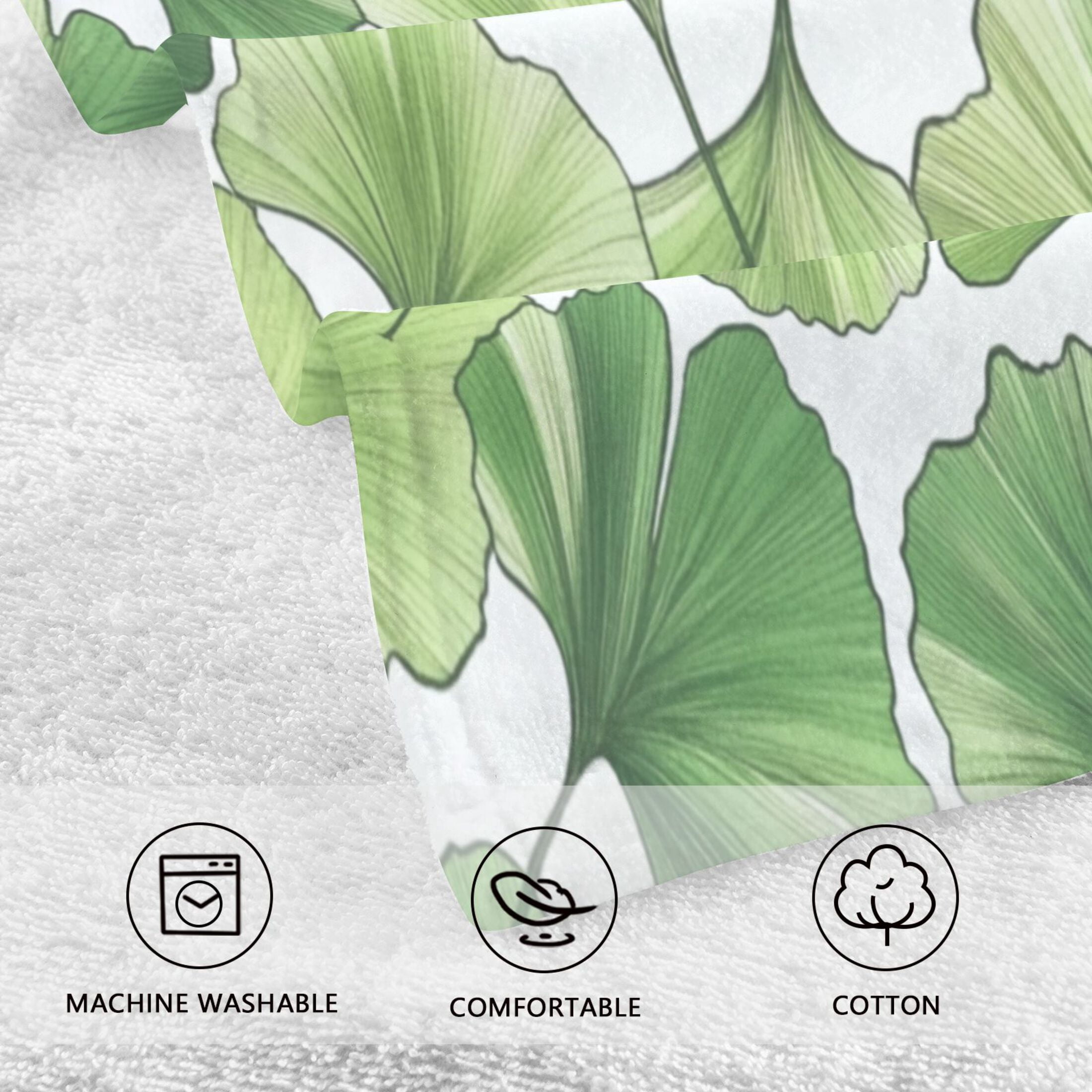 2 Pcs Absorbent Face Towel Bath Hand Towels Soft Breathable Cotton Towel Set for Bathroom Kitchen Hotel Spa Decor Green Ginkgo Biloba