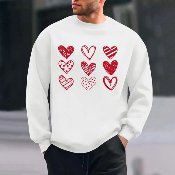 Men's Crewneck Sweatshirts Hearted Print Long Sleeve Casual Pullover Shirt Hip-Hop Sweater White L