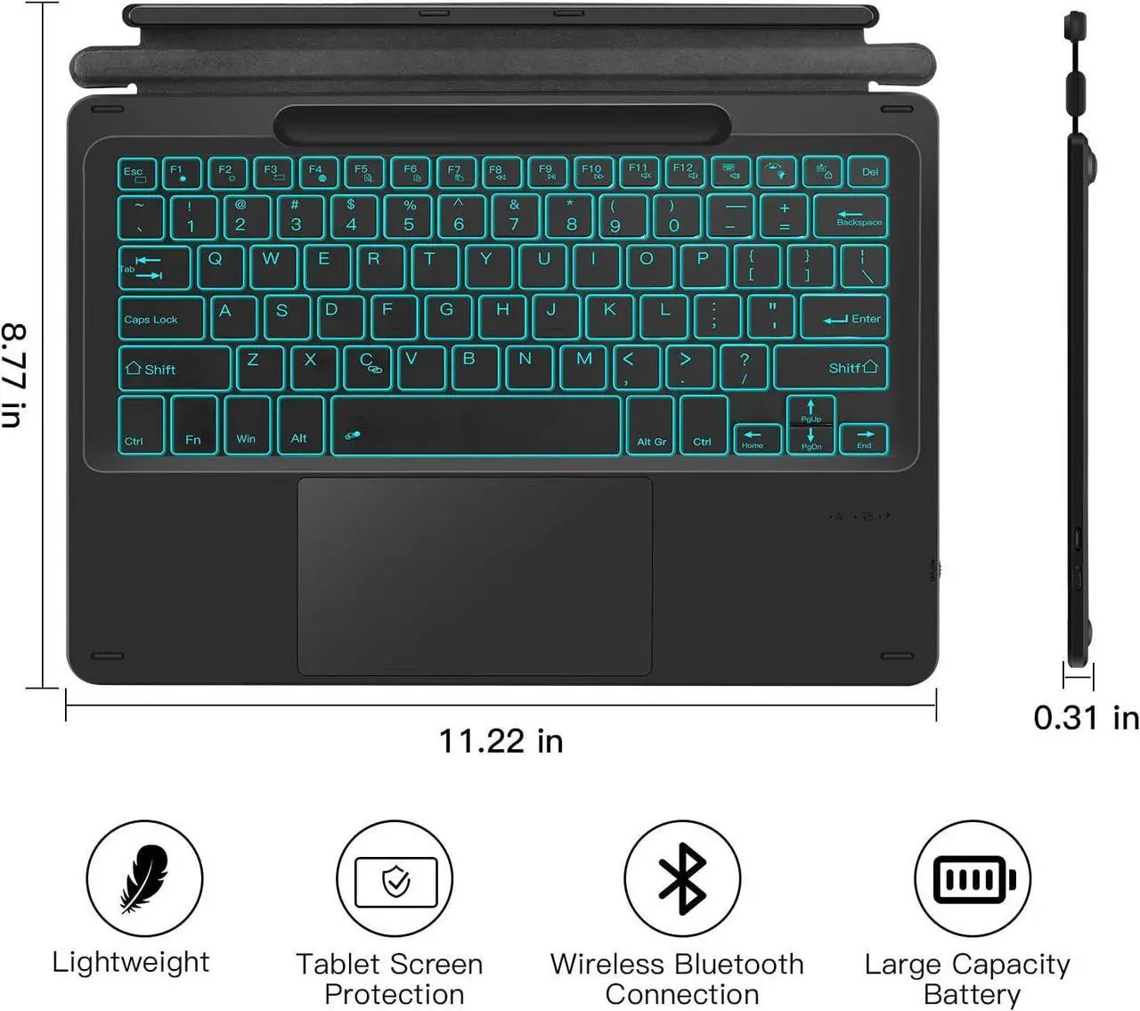 Type Cover for 13 inch Microsoft Surface Pro 11 / Pro 10 / Pro 9 / Pro 8 / Pro X Wireless Thin Bluetooth Keyboard with Trackpad, 7 Colors Backlit Pencil Holder