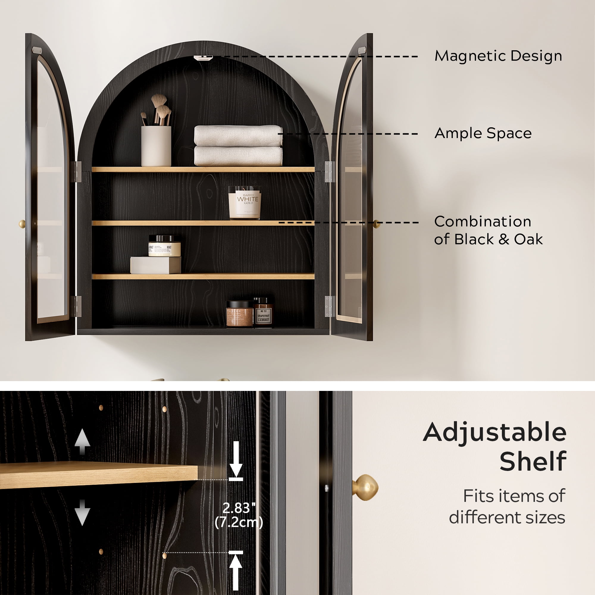 EYYTHUNG Modern Arched Wall Cabinet, Large Medicine Cupboard Black Cabinet for Bathroom with Adjustable Shelf, Black Oak