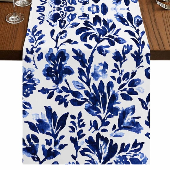 Blue Spring Floral 70 Inch Table Runner, Summer Flowers Farmhouse Botanical Farmhouse Dresser Scarf Cotton & Linen Tablerunner for Dining/Kitchen Island/Holiday Party Décor 13" x 70"
