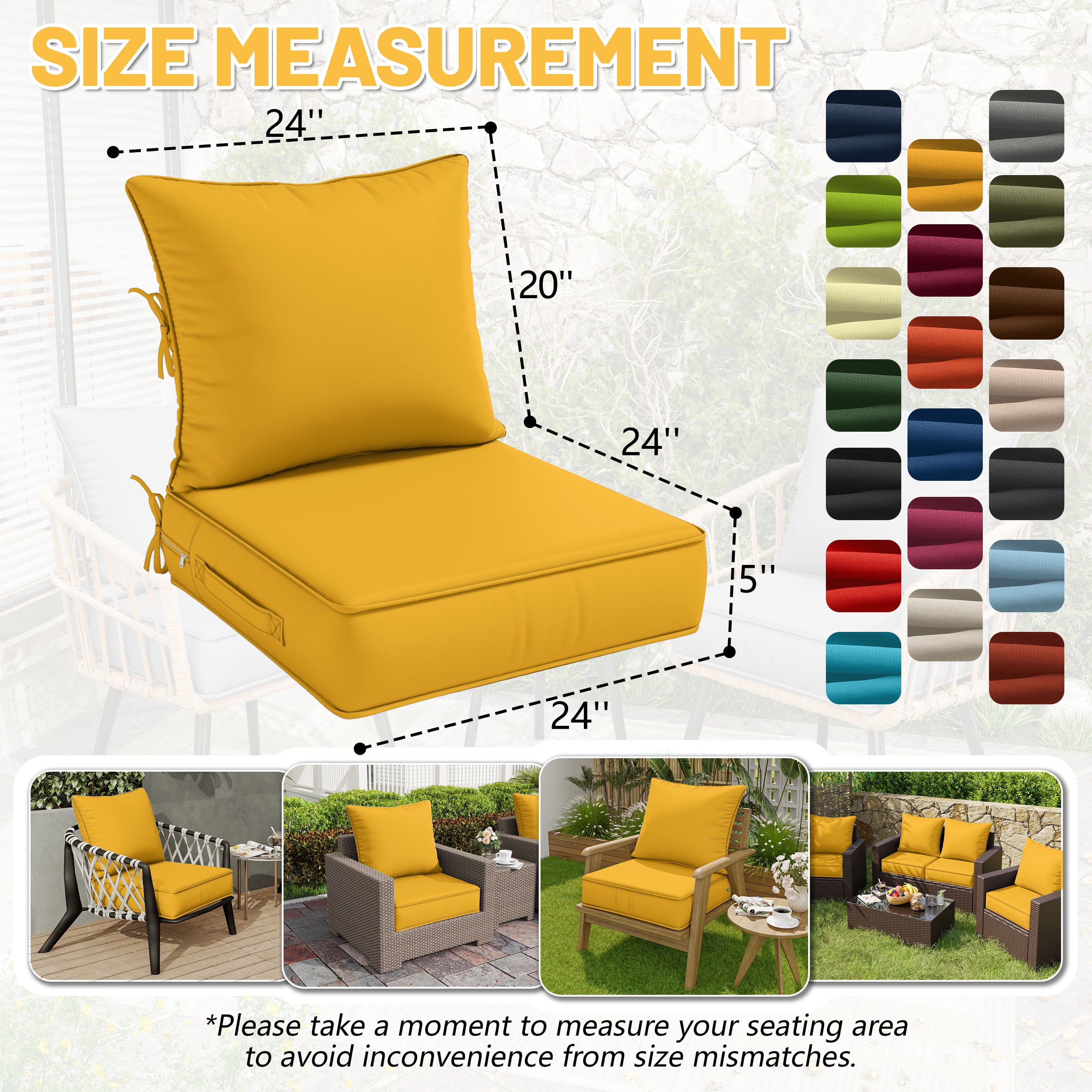 Pakunoda Patio Cushions for Outdoor Furniture 24” X 24” X 5”, Water Resistant Outdoor Deep Seat Cushions, Fade Resistant Replacement Cushions for Outdoor Furniture, Yellow