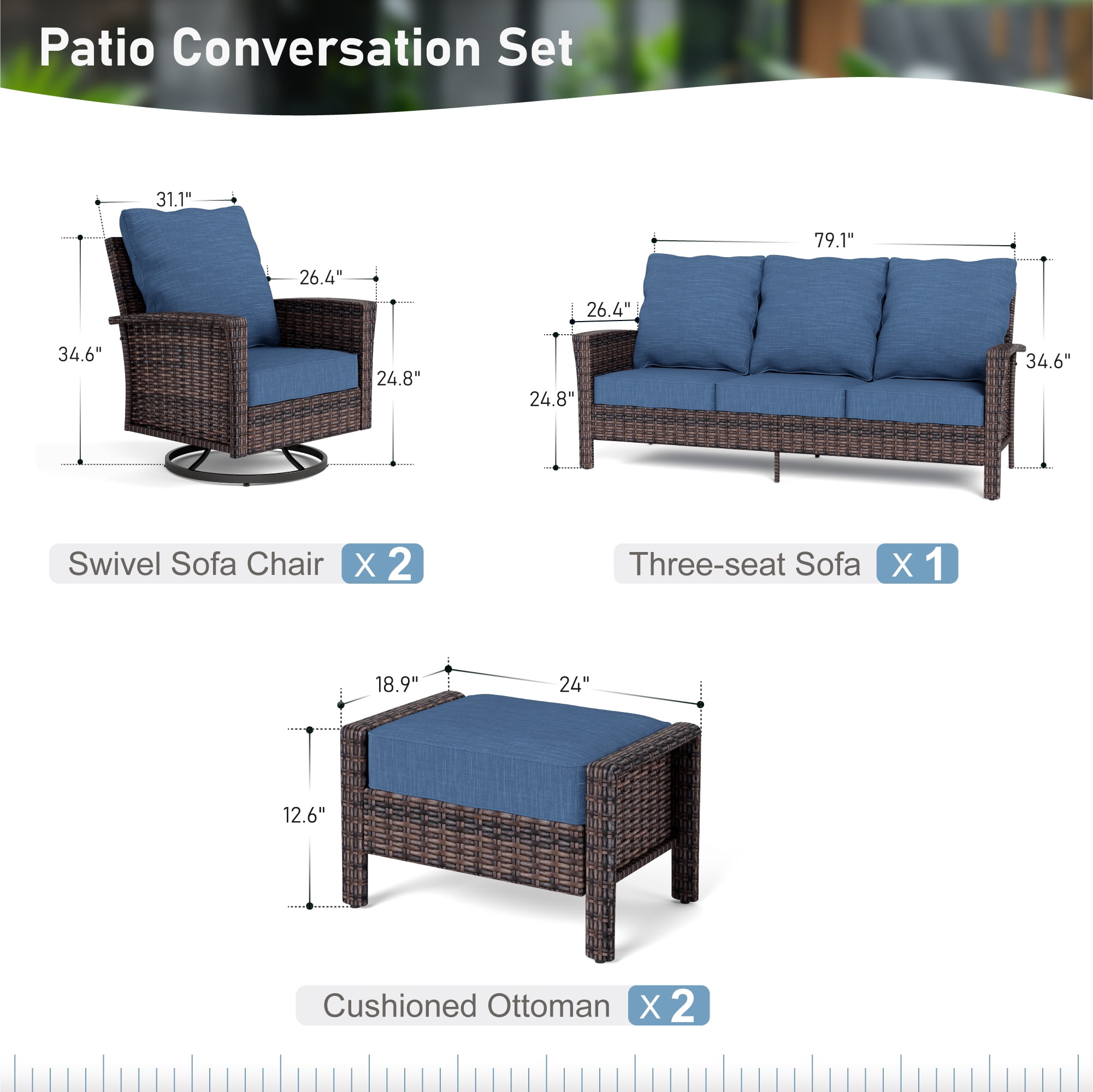 SUMMIT LIVING 7-Seat Wicker Patio Furniture Set with 2 Swivel Chairs & 3-Seat Sofa with 2 Ottoman, Outdoor Sectional Conversation Set for Garden, Blue