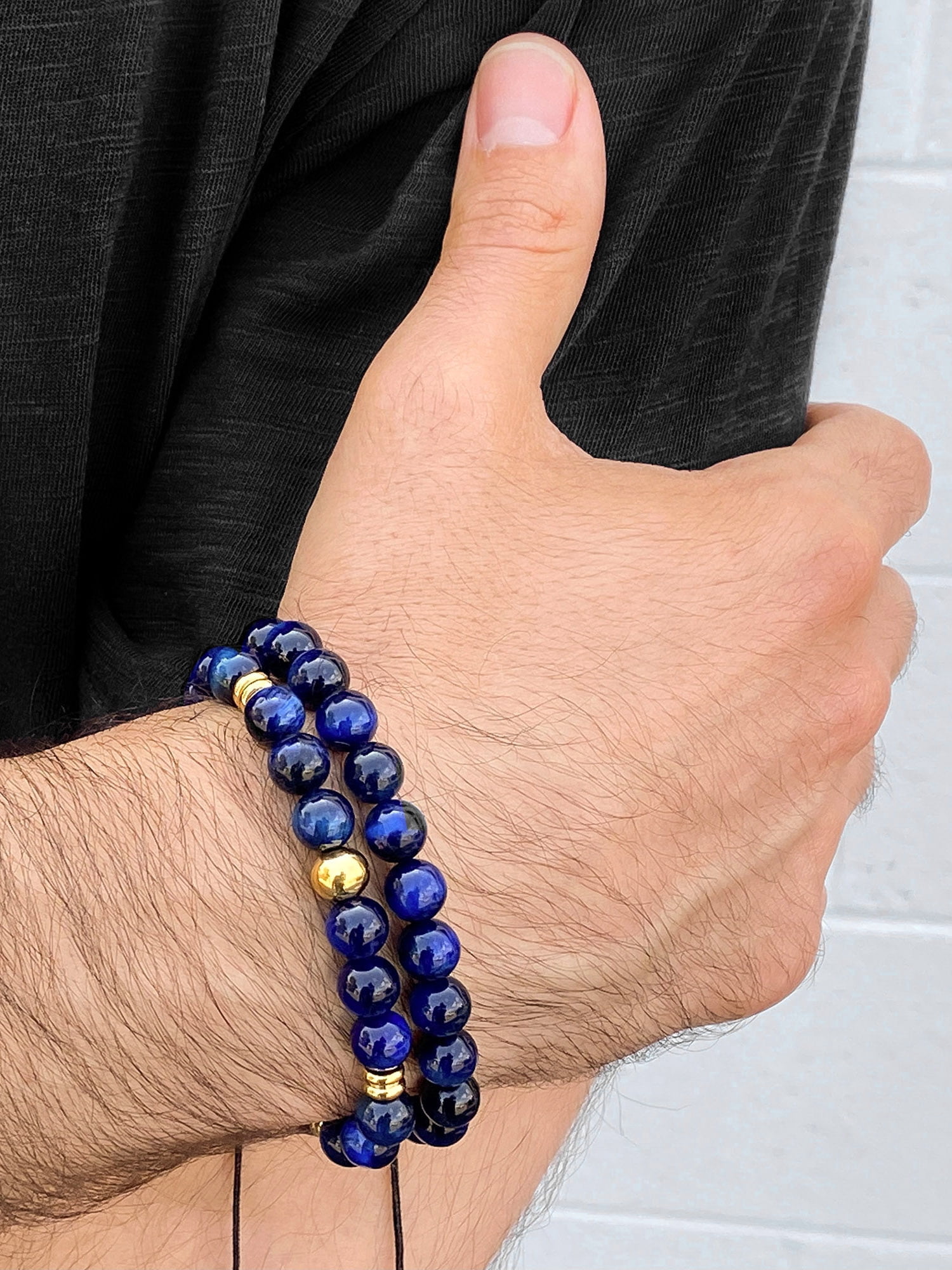 Coastal Jewelry Men's Blue Tiger's Eye Stone and Gold Plated Stainless Steel Beaded Adjustable Bracelet (8mm)