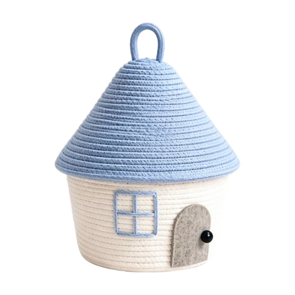 Cute House Shape Rope Storage Basket with Lid,Soft Breathable,Tapered House Roof Lid with Top Hanging Loop,Large Capacity Neat Storage Space(Blue)