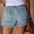 thumbnail image 3 of Textilo Women Jean Shorts Elastic Waist Drawstring Raw Hem Denim Short with Pockets High Waisted Shorts Comfy Lightweight Summer Casual Short Pants,Light Blue L, 3 of 5