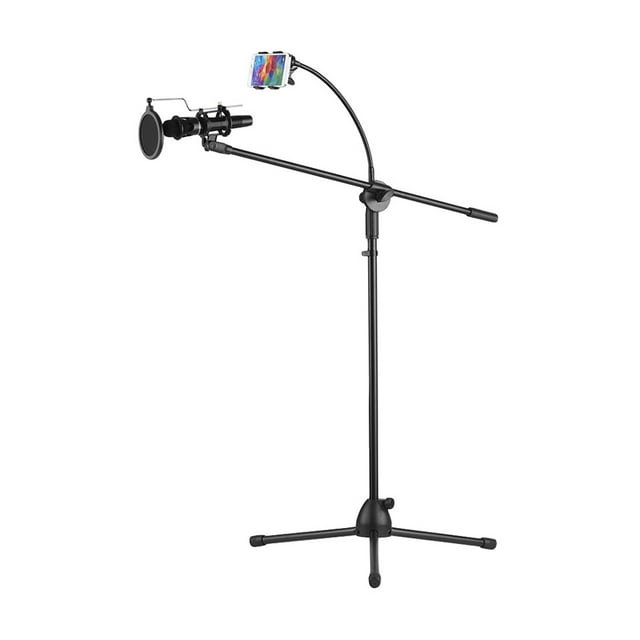 Support de Microphone en Métal Trépied Réglable en Hauteur avec Bras Boom 3 Supports de Micro & 1 Support de Téléphone Intelligent pour Studio Extérieur Diffusion en Direct