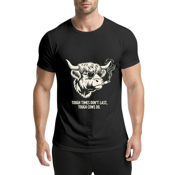 Black T Shirts for Men, Cow, Sunglasses, Cigarette, Tough Times Don't Last Tough Cows Do Graphic Mens Graphic Tees, 25061398,S