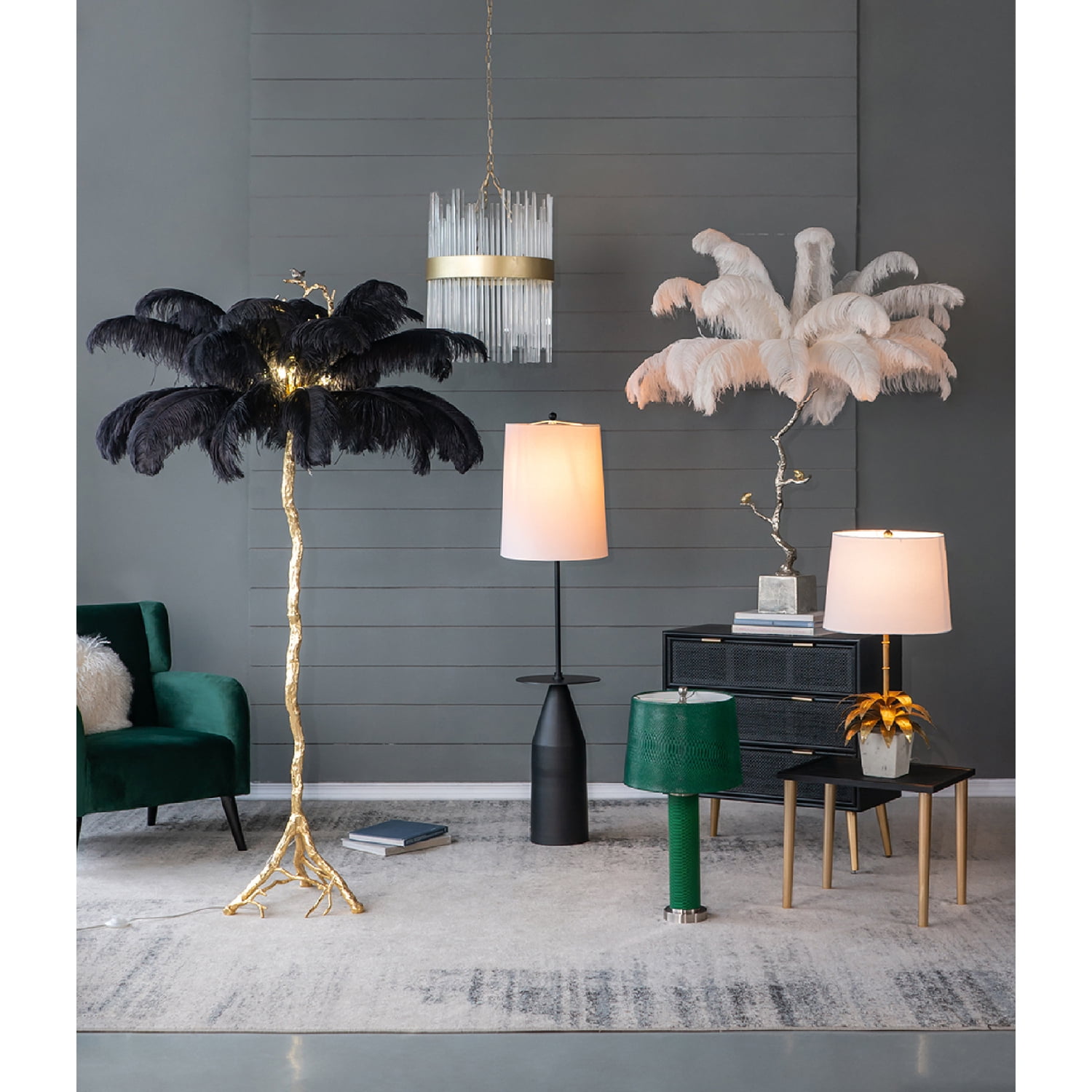 Feather Floor Lamp - Elegant Black Gold Lamp - Rococo Style Lighting for Living Room Bedroom