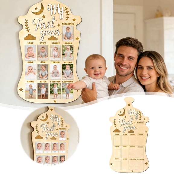 My First Year Picture Frame One Year Birthday Photo Display Wood Board Baby's First Twelve Months Photo Collage and Gender Neutral Keepsake 1st Birthday Decorations Nursery Decor for Boy Girl,B
