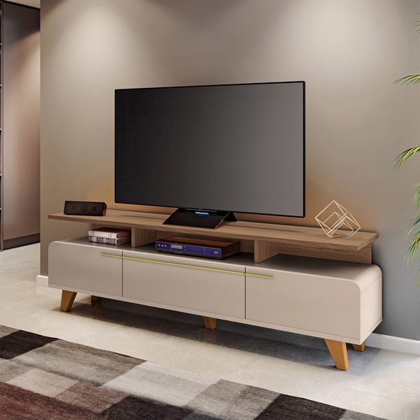 Mesa de TV Essenza con Repisa Superior y Puertas Abatibles | Diseño Curvo | 3 Compartimentos | Hasta 75”