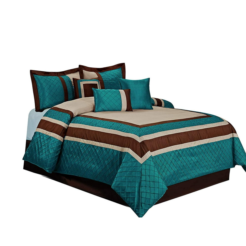 HIG 7 Piece Comforter Set QueenTeal Series Patchwork Diamond Pintuck