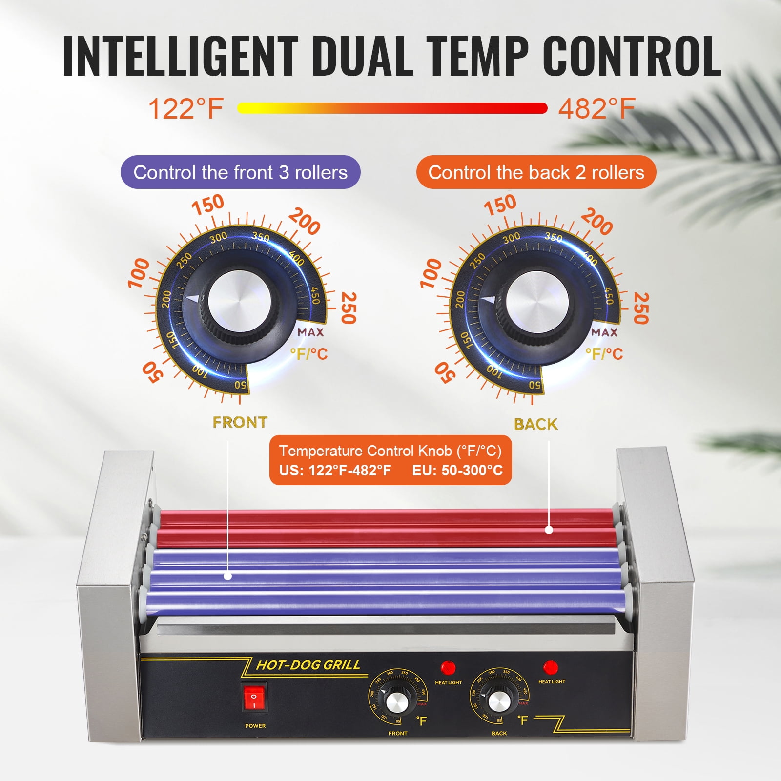 KFFKFF Commercial Hot Dog Roller Grill, Stainless Steel Sausage Grill Cooker Machine with 5 Rollers, for 12 Hot Dogs, 750W, Dual Temperature Control, Bun Warming Rack, Detachable Oil Drip Pan