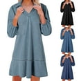 thumbnail image 1 of Xuniizn Robes pour Femmes Grande Taille à Revers Col en V Robe en Denim Décontractée d'Été Manches Bouffantes 3/4 Couleur Unie Robe Mini, P-3TG, 1 of 6
