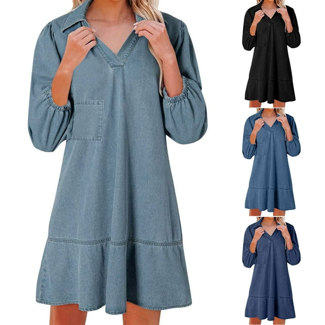 Xuniizn Robes pour Femmes Grande Taille à Revers Col en V Robe en Denim Décontractée d'Été Manches Bouffantes 3/4 Couleur Unie Robe Mini, P-3TG