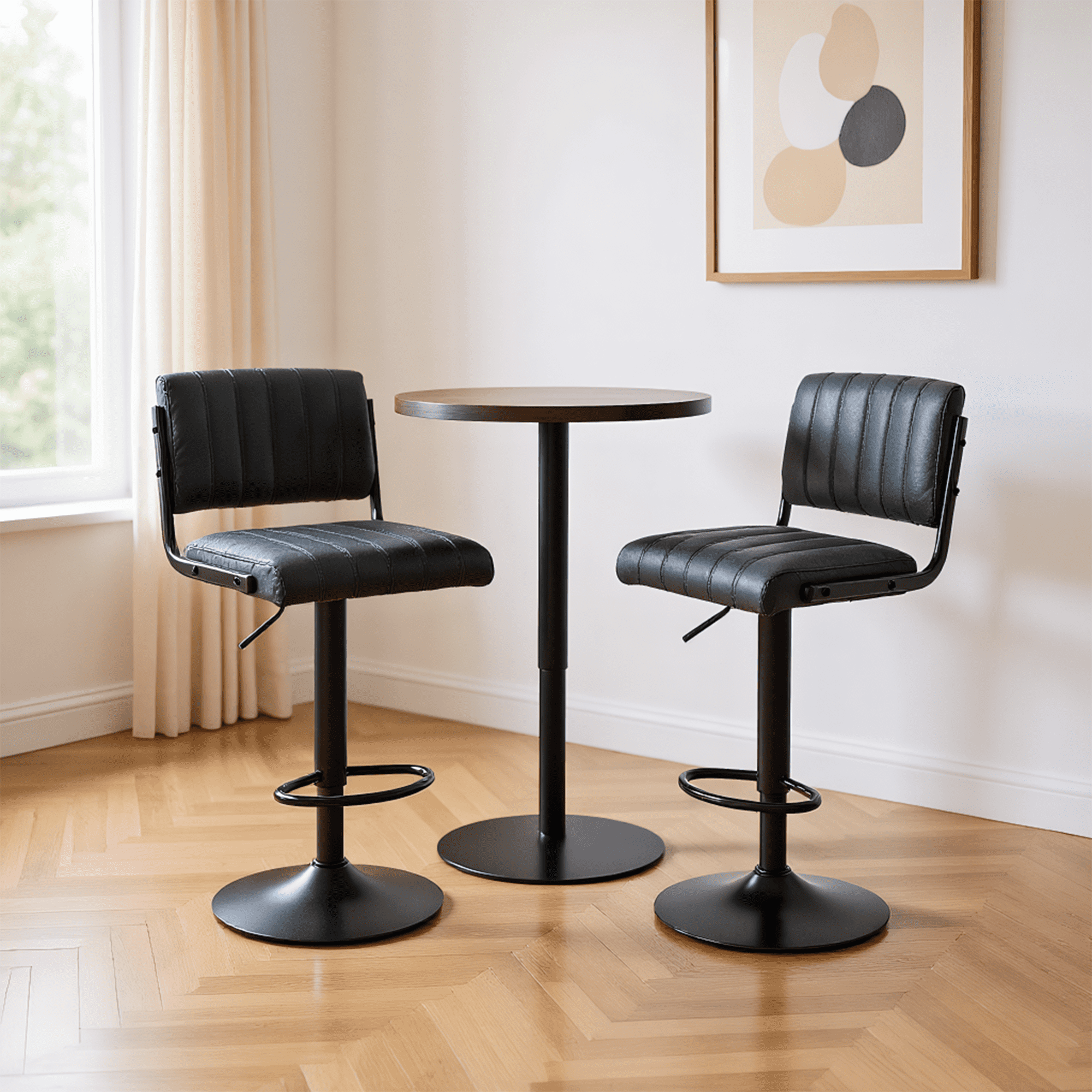 ENYLAY Adjustable Swivel Bar Stools Set of 2, Modern Faux Leather Counter Height Bar Chairs with Mid Back & Footrest for Kitchen Island Home Bar Pub, Black
