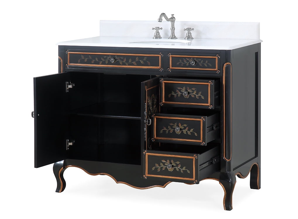 Benton Collection 42" Black Hand-Painted Floral Bathroom Vanity with White Marble Top