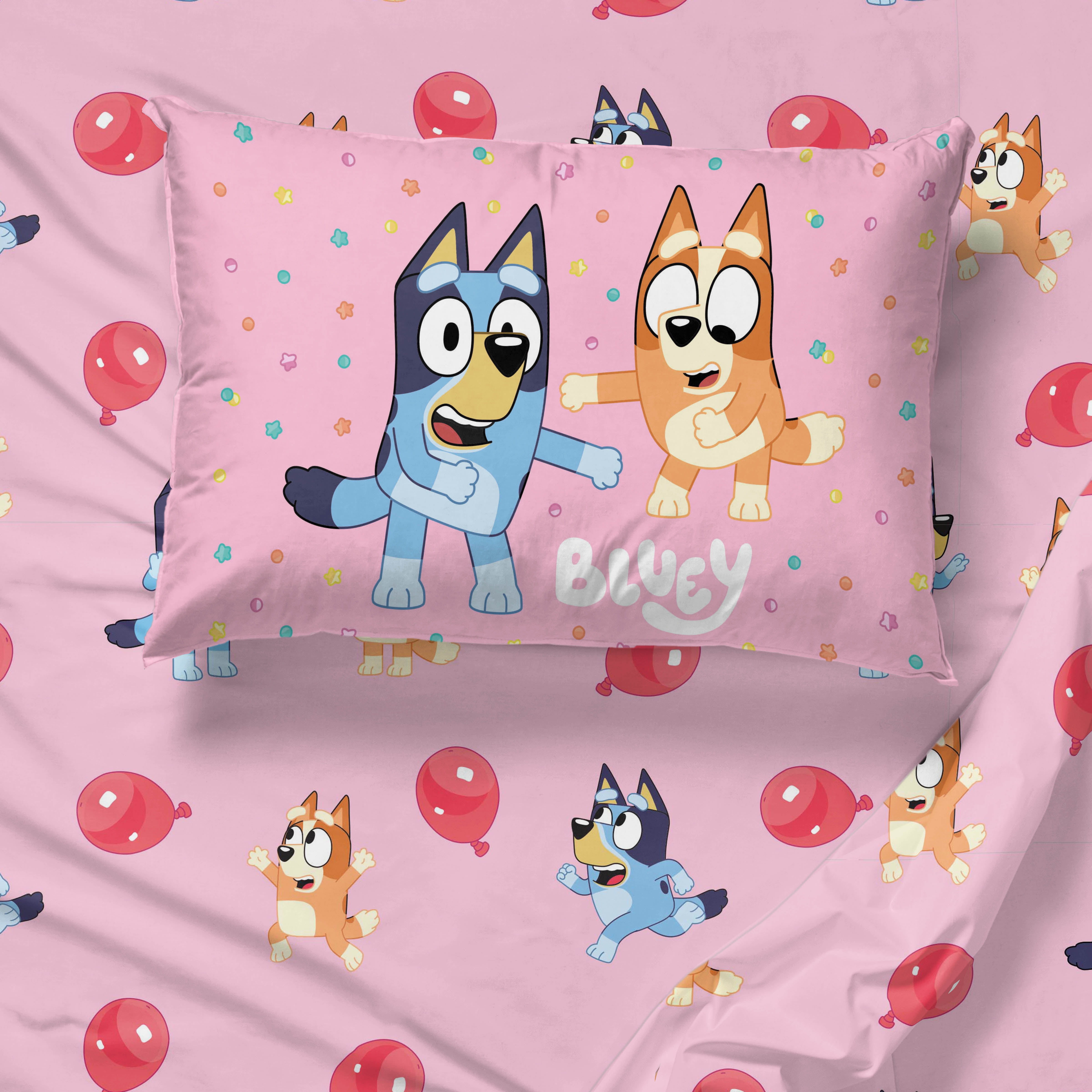 Bluey Balloon Party Kids 3 Piece Pink Bed Sheet Set, Twin