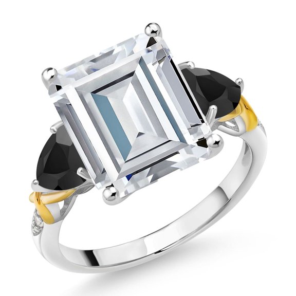 Gem Stone King 925 Silver and 10K Yellow Gold Black Onyx Ring Set with Moissanite (8.12 Cttw) (Size 7)