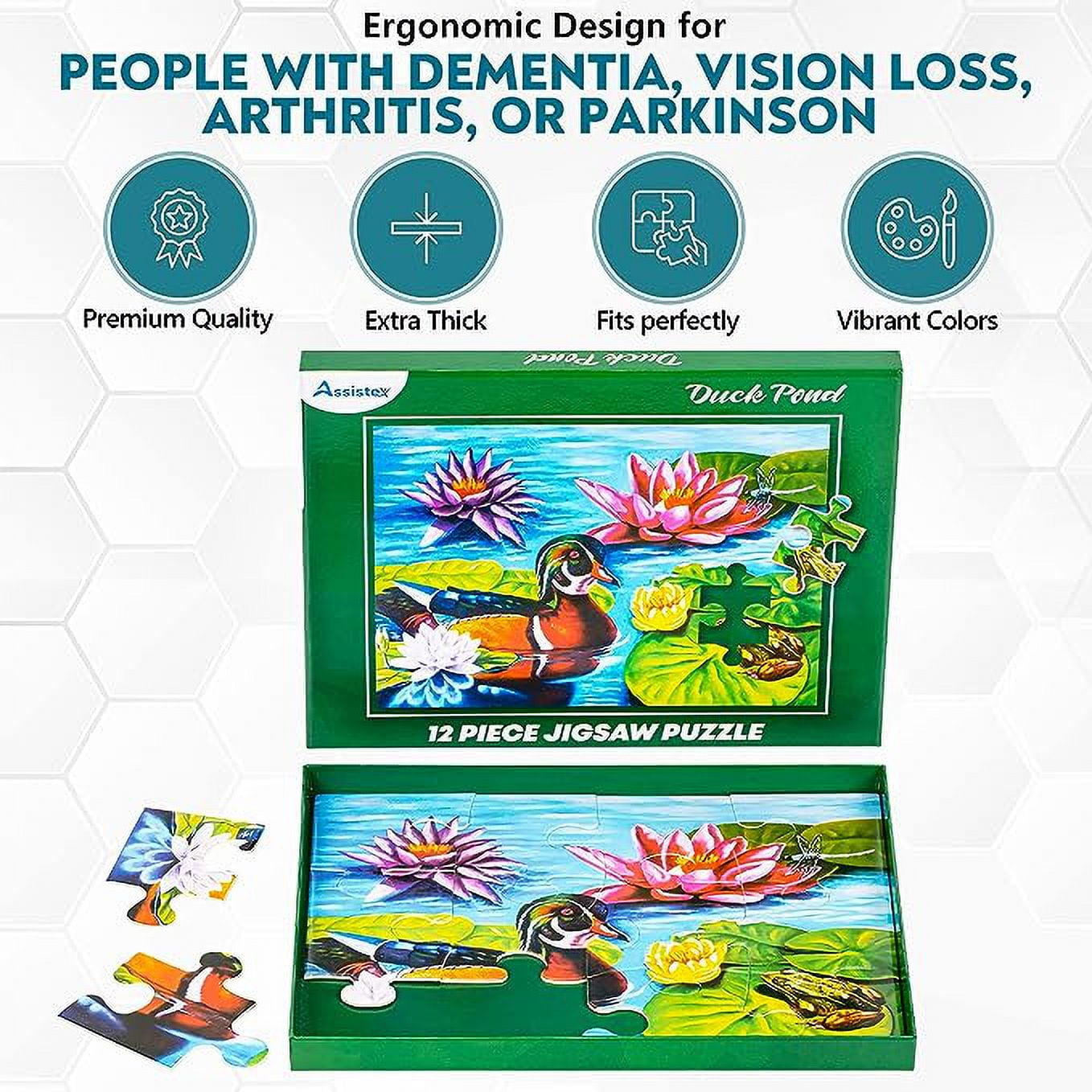 Assistex Dementia Jigsaw 12 Large Puzzle for Seniors - Alzheimer's Activity for Adults with Conversation Prompts - Best Memory Game for Patiens in Nursing Home - Build in Box Activities for Elderly