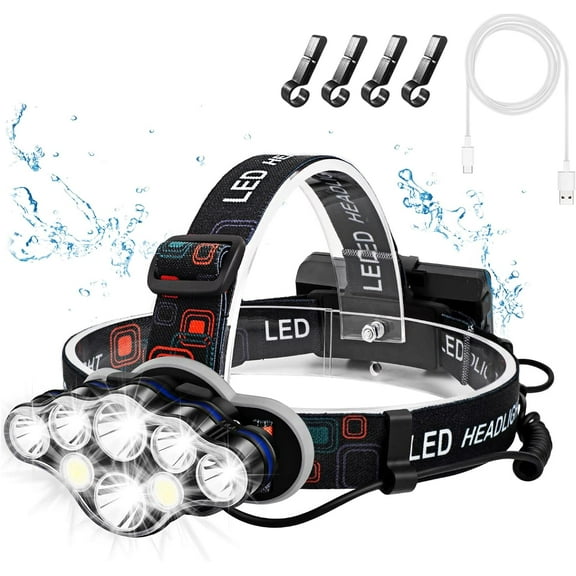 Rechargeable Headlamp, 8 LED 18000 Lumen Super Bright Waterproof Headlight with Red Lights, 8 Light Modes Head Lamp for Emergency Light Outdoors Fishing Hiking Camping Running
