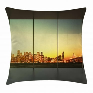 Modern Decor Throw Pillow Cushion Cover, Empty Office at Sunset with View to Skyline Architecture Downtown City, Decorative Square Accent Pillow Case, 24 X 24 Inches, Orange Grey Green, by Ambesonne