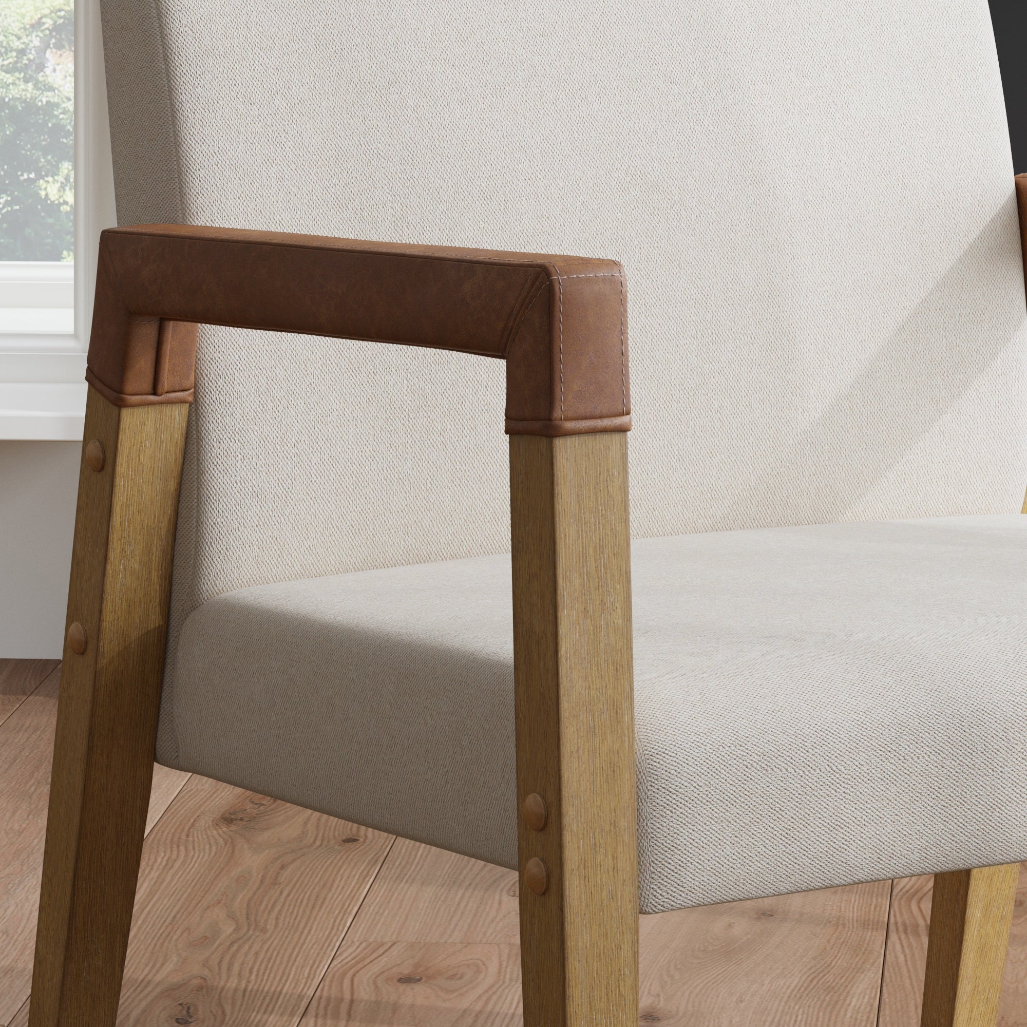Nathan James Hudson Natural Flax Upholstered Accent Chair with Arms Wrapped in Chestnut Brown Faux Leather