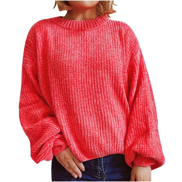 Timegard Womens Long Sleeve Shirts Fall Winter Casual Comfy Crewneck Puff Long Sleeve Solid Color Tops