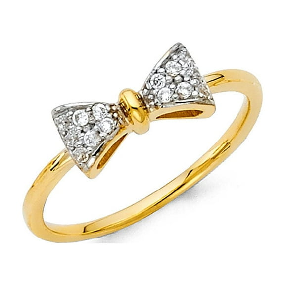Solid 14k Yellow Gold Bowtie Ring CZ Right Hand Band Cocktail Designer Style Diamond Cut Fancy, Size 7