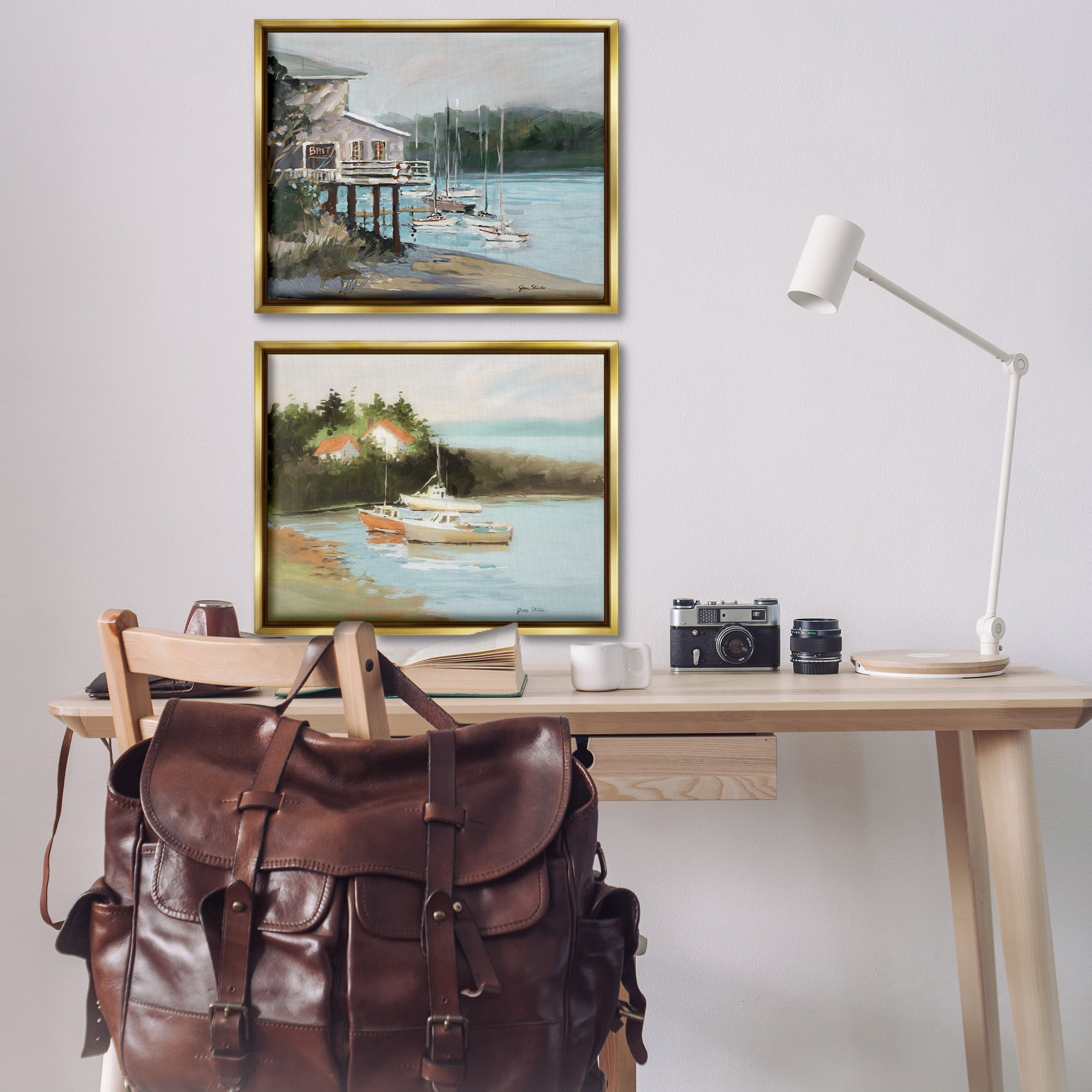 Stupell Industries Boat Lakeshore Landscape Landscape & Nature Painting Gold Floater Framed Canvas Art Print Wall Art, 31 x 25, Set of 2