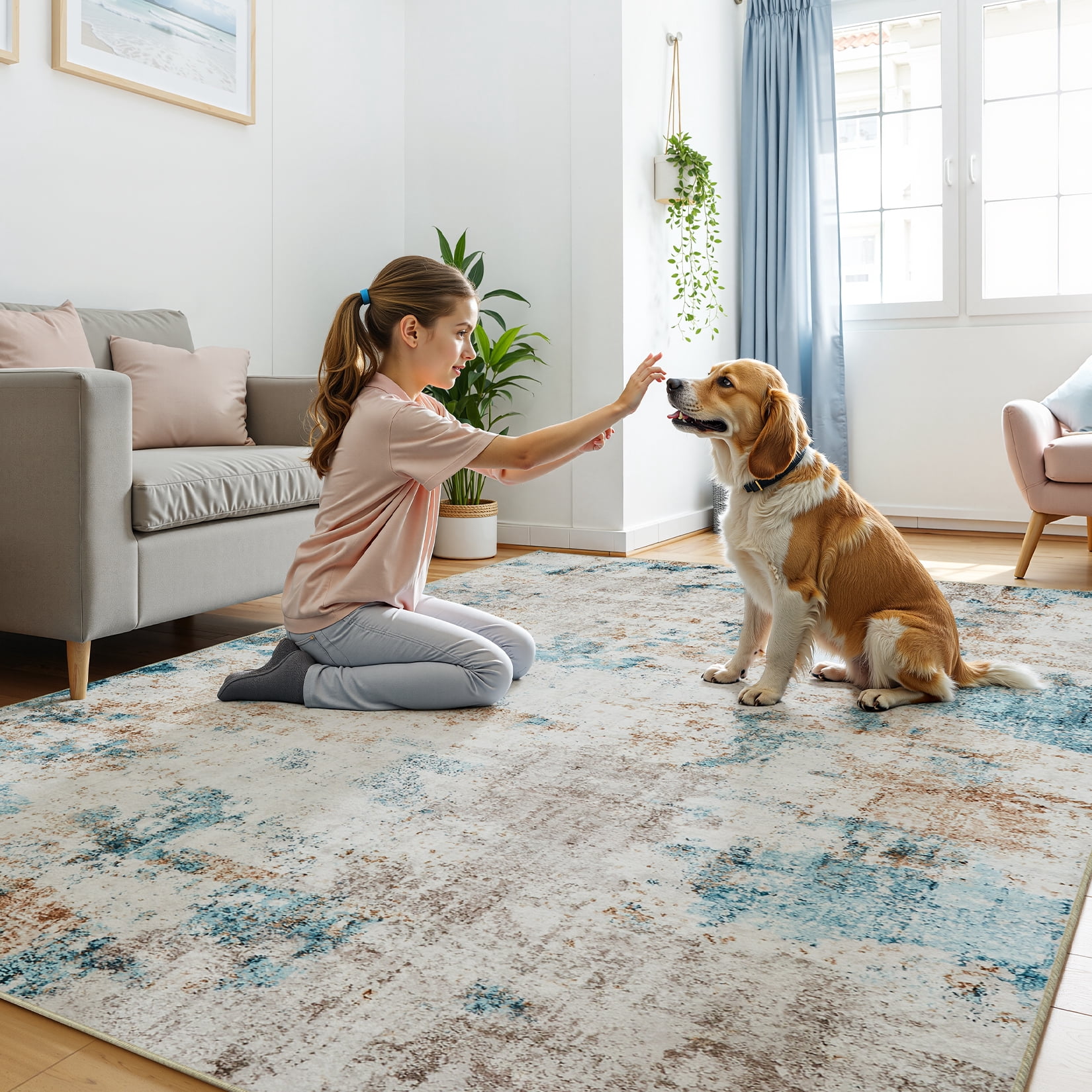 Toyoso 5x7 Machine Washable Area Rug, Modern Abstract Marble Soft Polyester Rug, Non-Slip Living Room Bedroom Carpet, Farmhouse Contemporary Indoor Rug, Cream Blue