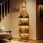 Finmind Wine Rack with Storage Shelves, 75-inch Tall Industrial Round Wine Cabinet with Hanging Goblet Holder, Freestanding Bar Liquor Bottle Display Shelf for Home, Rustic Brown