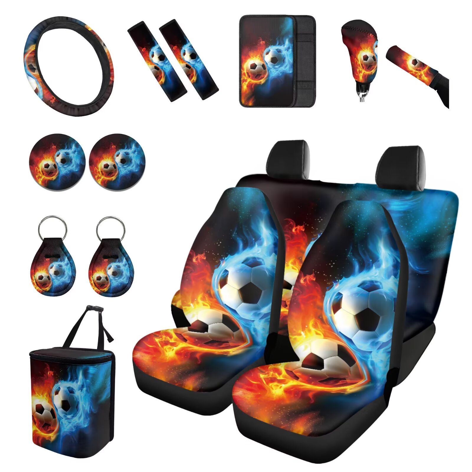 Eheartsgir Soccer Flame Car Seat Cover Full Set 14Pcs Casual Auto Front Back Seats Cushions Sets with Steering Wheel Cover, Armrest Mat, Gear Shift Pad Vehicle Interior Accessories