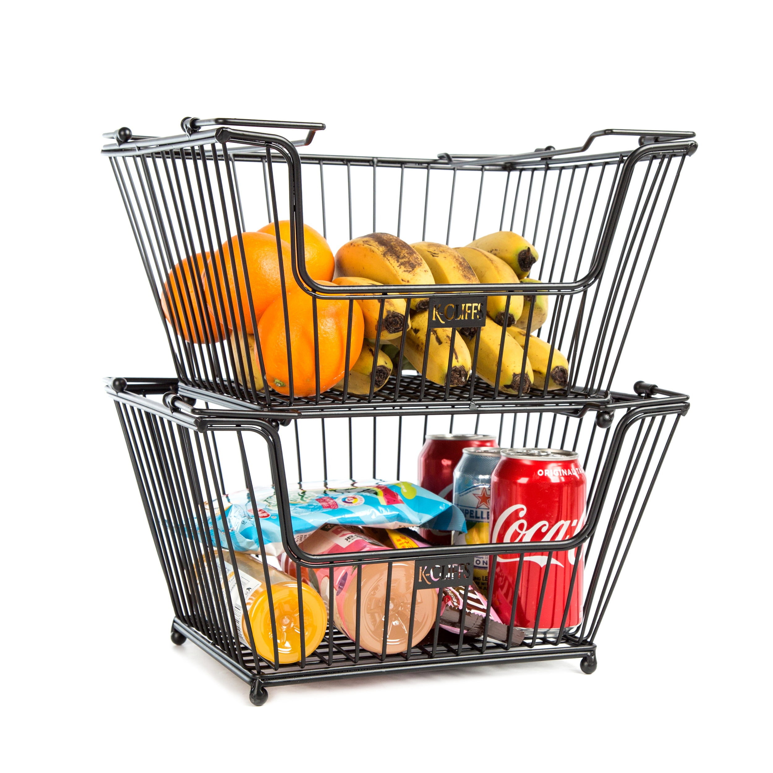 MyGift Deluxe Stackable Metal Wire Mesh Fruit & Produce Basket Rack, Kitchen Stacking Storage Bin, Set of 2, Black