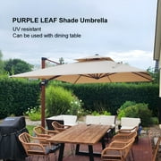 PURPLE LEAF 12FT Deluxe Square Wood Grain Patio Umbrella with Base, Large Offset Cantilever Umbrella with 360° Rotation, Beige