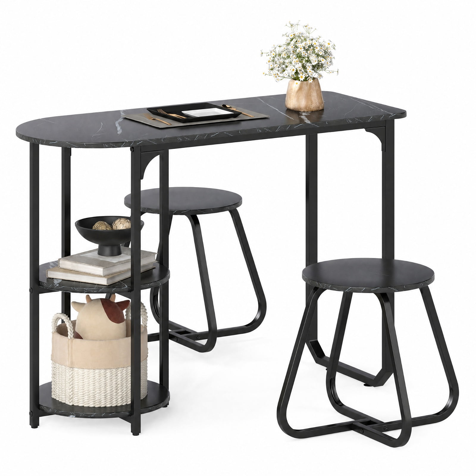 Furnibear 3 Piece Industrial Dining Table Set for Small Space with 2 Stools and Side Shelves for Kitchen and Apartment, Black