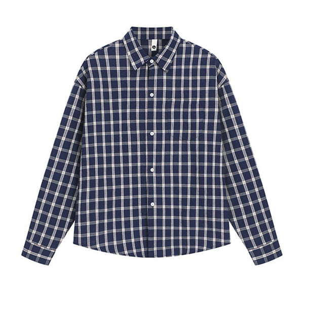 Blusa y camisa de manga larga con cuello vuelto para hombre, blusa informal a cuadros a la moda con botones y cuello vuelto, blusa de poliéster para hombre