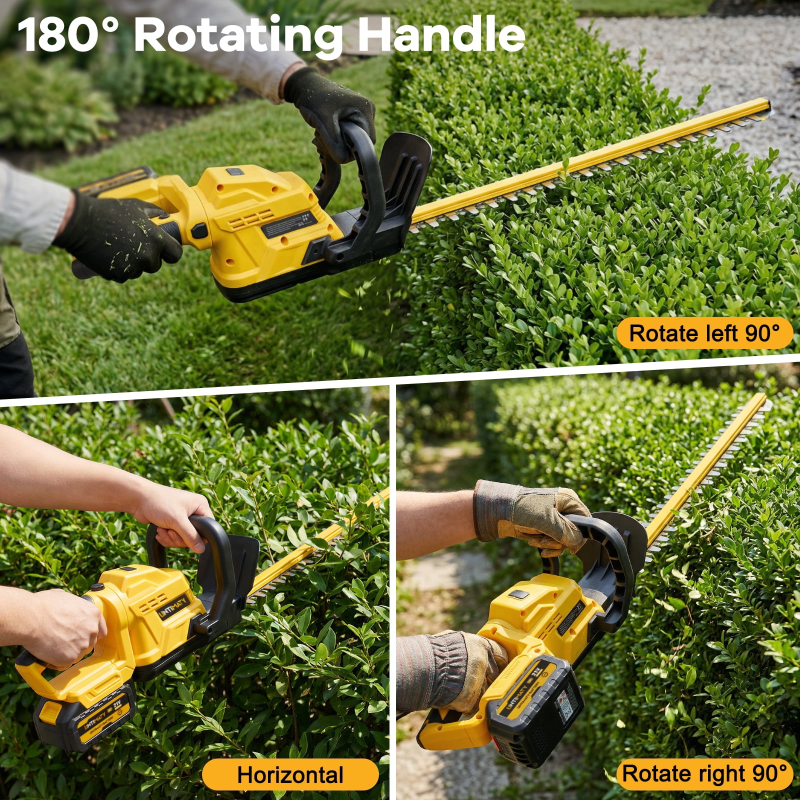 Hedge Trimmer Cordless,UMTIMATY 21V Electric Bush Trimmer with Rotatable Handle,Brushless Motor Trimmers Battery Powered, for Shrub Cutting,Trimming,Yellow