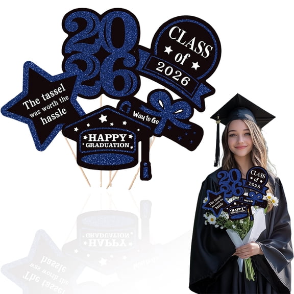 Class of 2026 Graduation Table Centerpiece Sticks, Graduation Decorations 2026, Graduation Party Table Decor, Graduation Centerpieces for Tables, Glitter Grad Cap Vase Insert Decor Blue 5Pcs