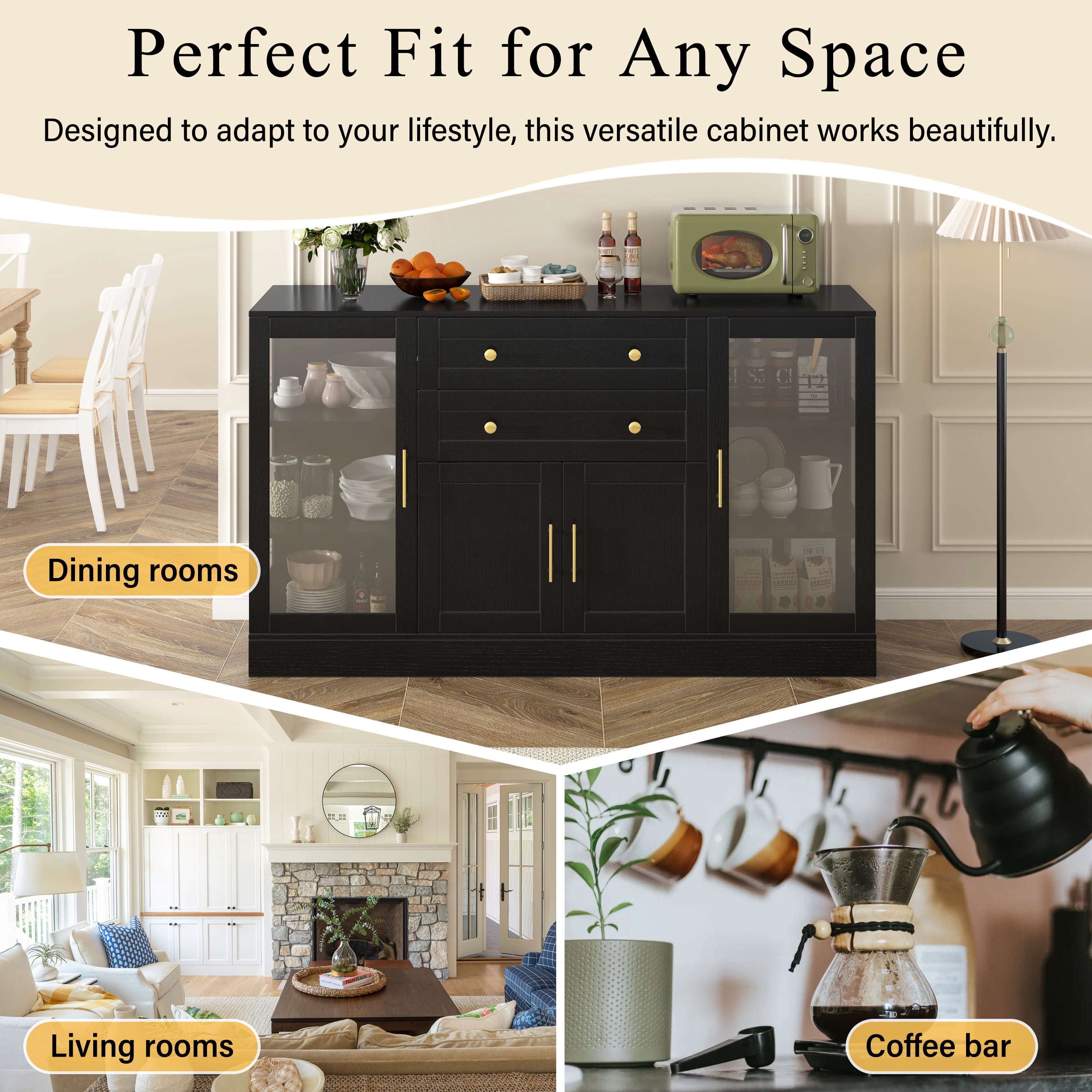 Euroco 58.3" Sideboard Buffet Cabinet with 2 Drawers, Modern Coffee Bar with Adjustable Shelves, Power Outlet & 4 Doors,Credenza Storage Cabinet for Dining Room, Living Room,Black