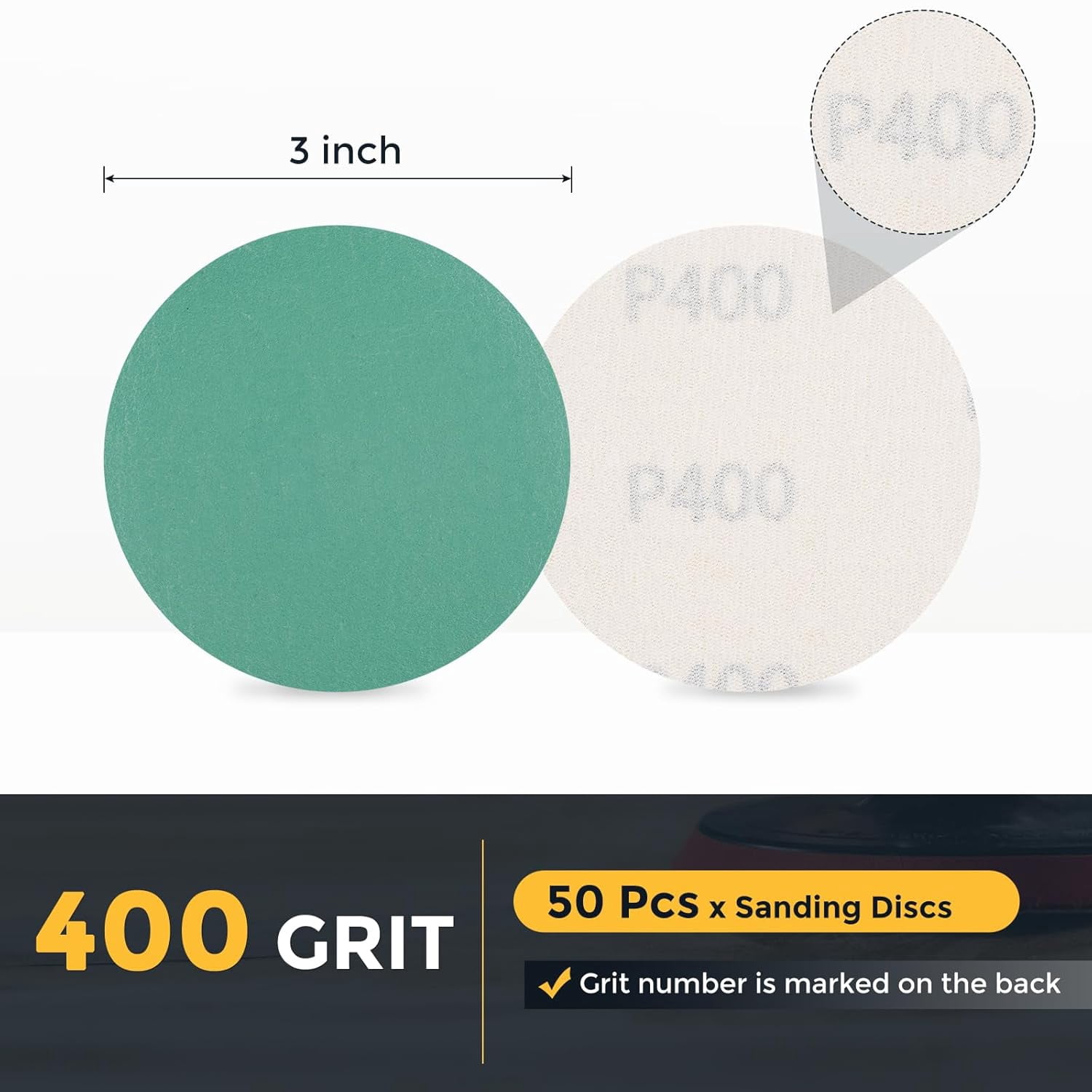 FRKSMD-50 Pcs 3 Inch Sanding Disc 400 Grit Hook and Loop Sandpaper Random Orbital Sander Pads for Woodworking, Metal, Stone Grinding and Polishing, Green, Zirconia