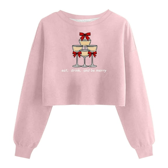 SwiftWear Festive Pink Crewneck Sweatshirt for Women - Christmas Theme Cropped Top with Cute Print, Soft Loose Fit No Hood Casual Tops